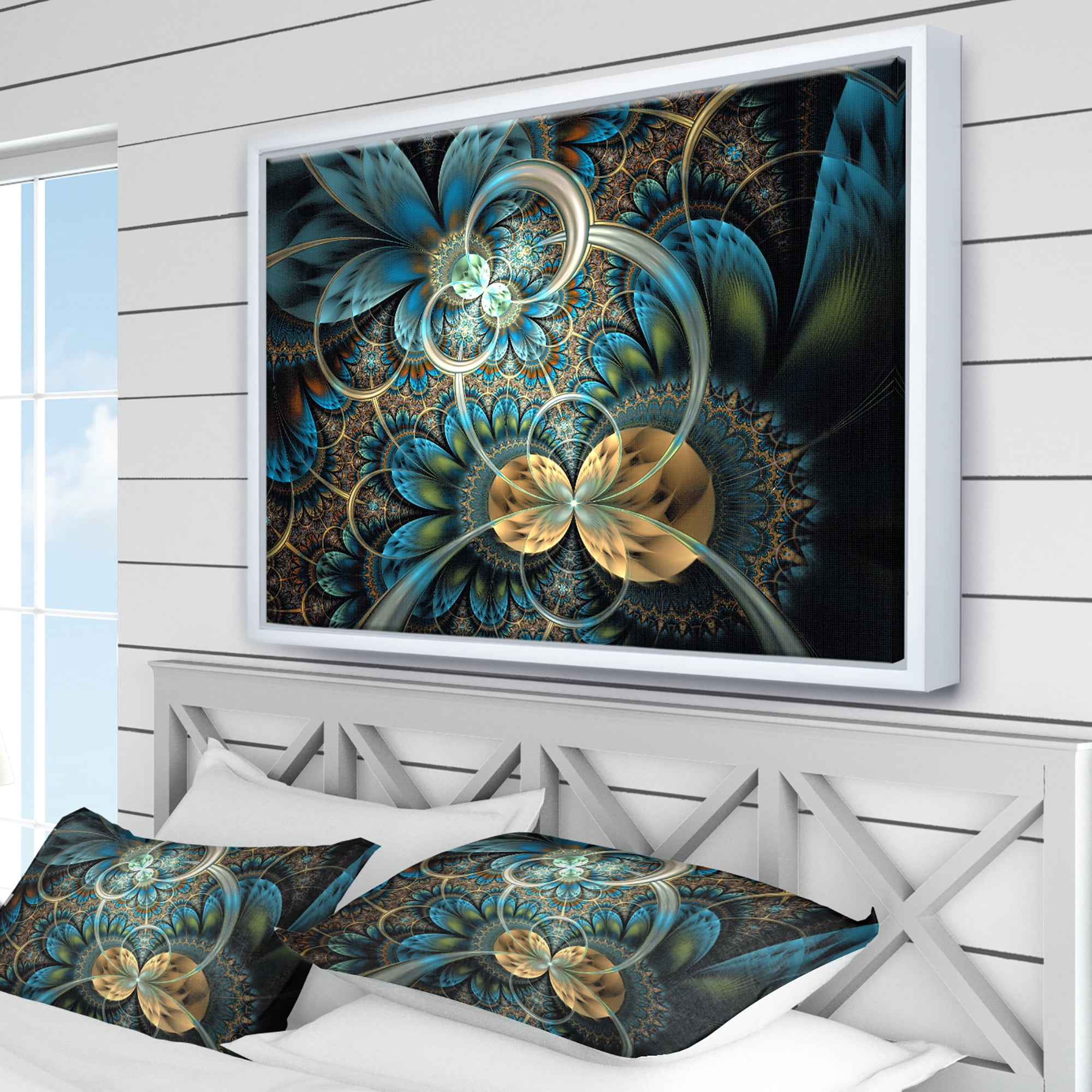 Designart ' Symmetrical Blue Gold Fractal Flower ' Abstract Print On Framed Canvas