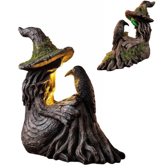 Halloween Mossy Tree Witch with Crow Light up Figurine Raven Decor - 7.08in Mossy Tree Witch Crow Resin Lighting Figurine, Gothic Tabletop Decor for Mantel Shelf Entryway Halloween Decoration Indoo