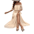 thumbnail image 3 of Vestido Informal de Lunares con Hombros Descubiertos para Mujer, con Volantes, Corsé, Borlas y Cintura Alta, con Abertura y Abertura, Color Liso Albaricoque S, 3 of 8
