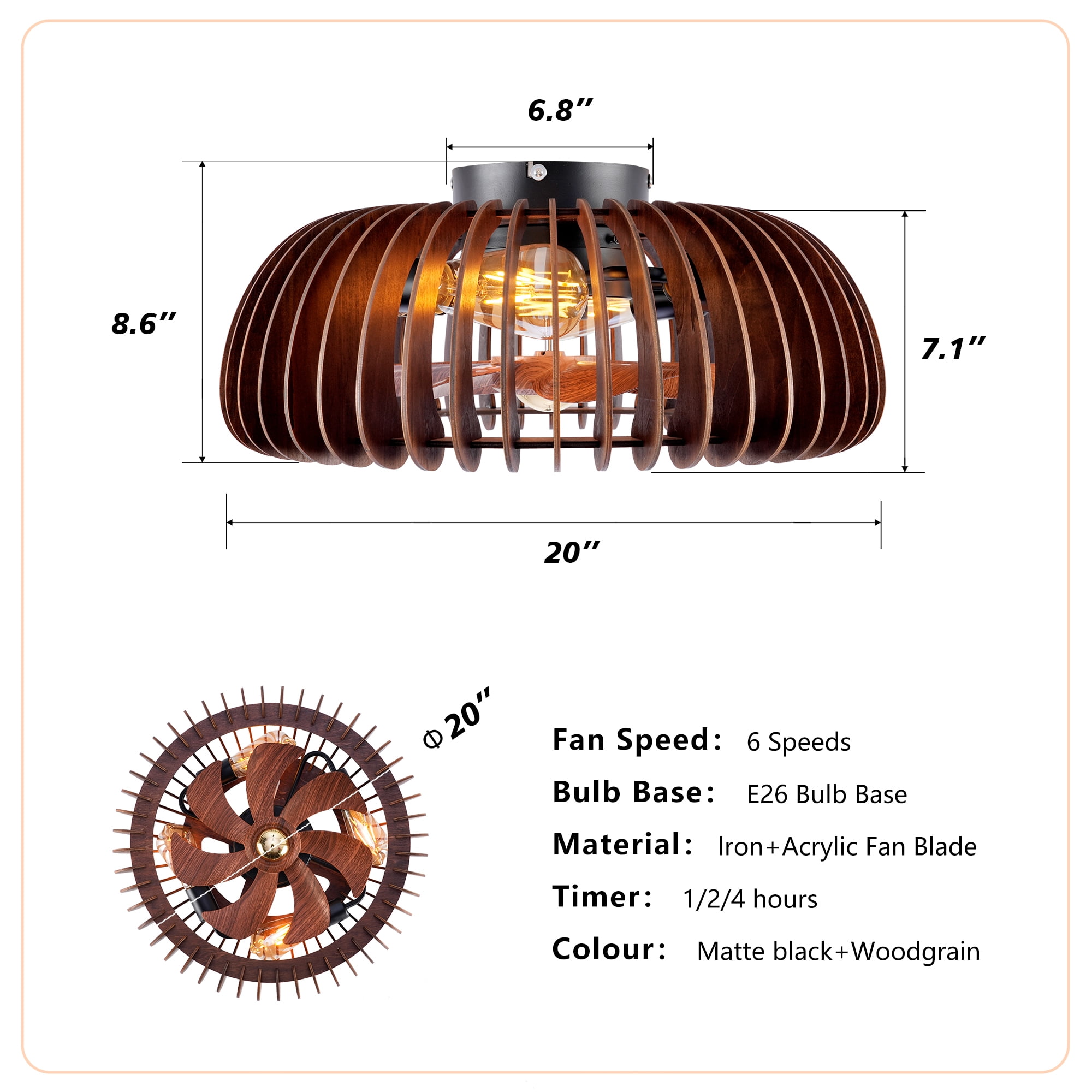 Leumius 20" Semicircle Modern Ceiling Fan with Light and Remote Control, 6 Speeds, Quiet DC Motor For Living Room,Bedroom,Kitchen (NOT Included Bulbs)