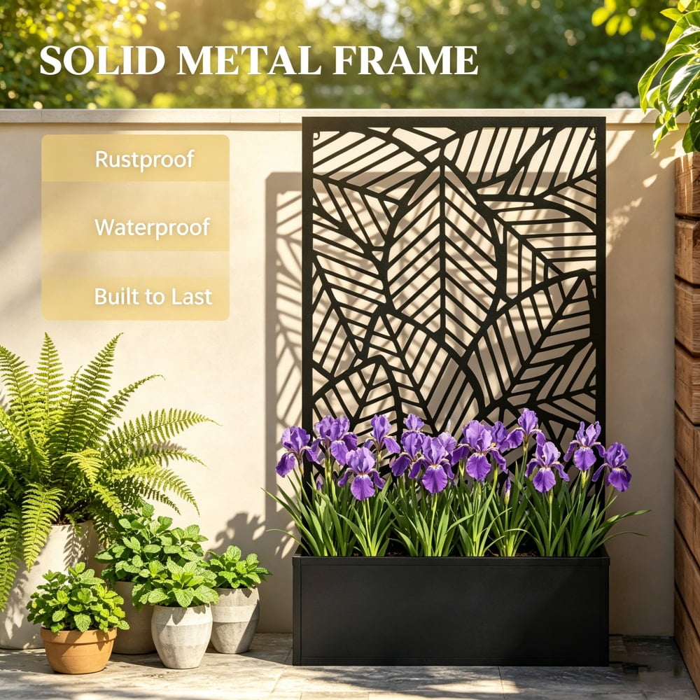 Black Metal Privacy Screen with Raised Garden Bed, 24”L×9”W×44.5”H Freestanding Outdoor Planter, Self-Draining & Wall Mountable for Entryway Patio Yard Decor