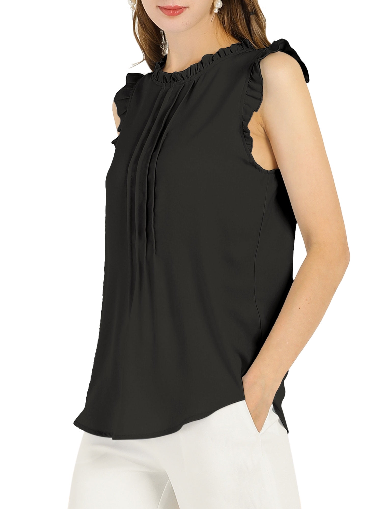 DARING DIVA Women's Ruffled Trim Pleated Plain Blouse Top XL Black
