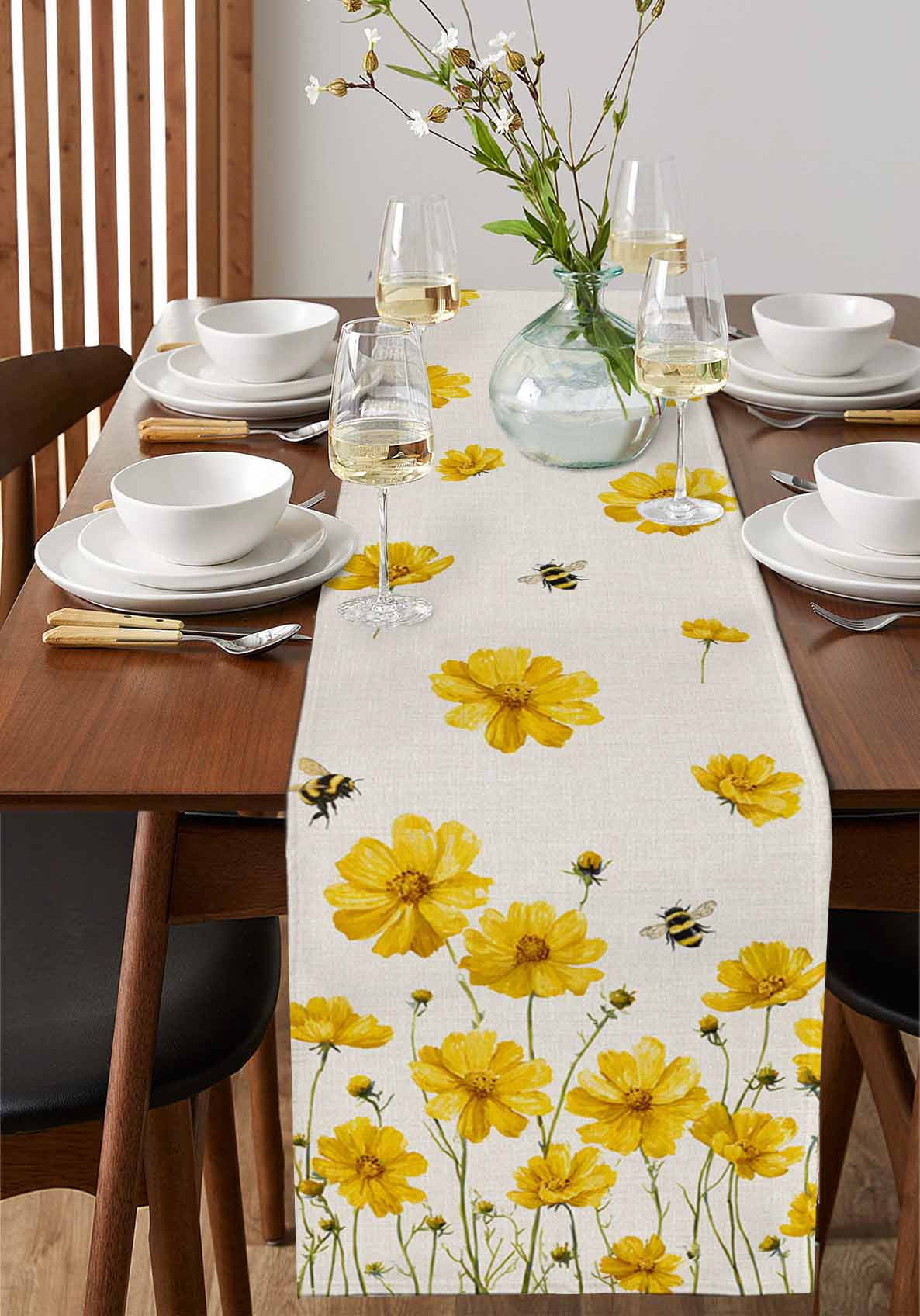nqOlkjepod Yellow Floral Bee Table Runner 90 Inches Long Farmhouse Dress Scarves, Summer Watercolor Botanical Flower Dining Tablerunner for Coffee Table/Kitchen Island/Party Décor, 13" x 90"