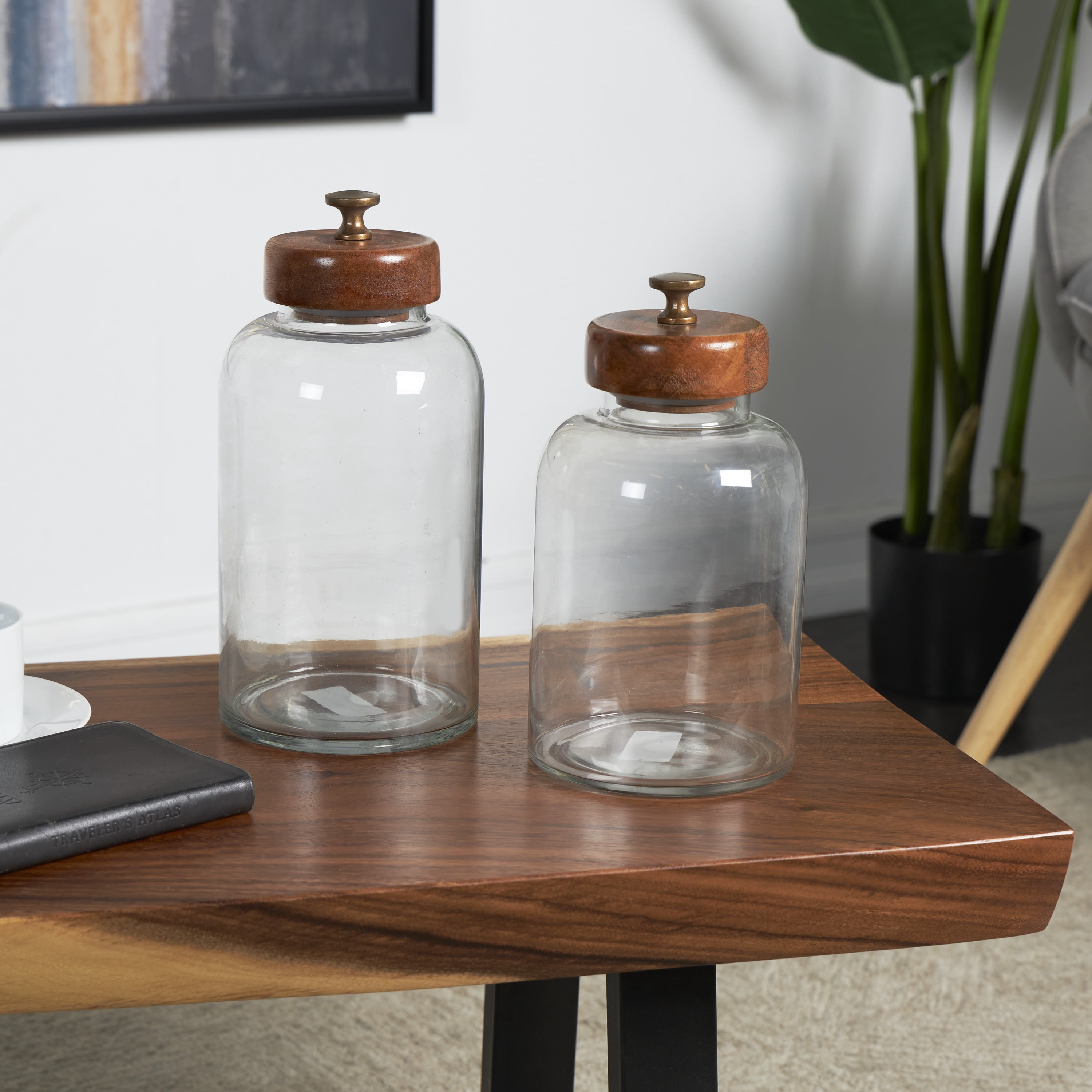 DecMode 5" x 11" Clear Glass Canisters with Brown Removable Lids and Antique Knobs, 2-Pieces