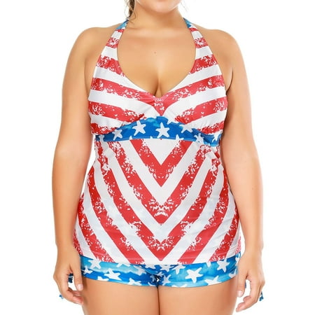 ZXZY Women Lace Up Stripe Star Printing Swimwear 2 Pieces