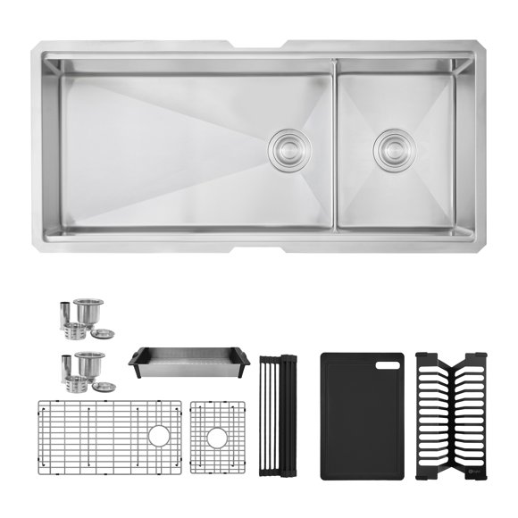 Stylish Undermount 42" Stainless Steel Double Bowl 70/30 Workstation Kitchen Sink with Black accs S-642WK