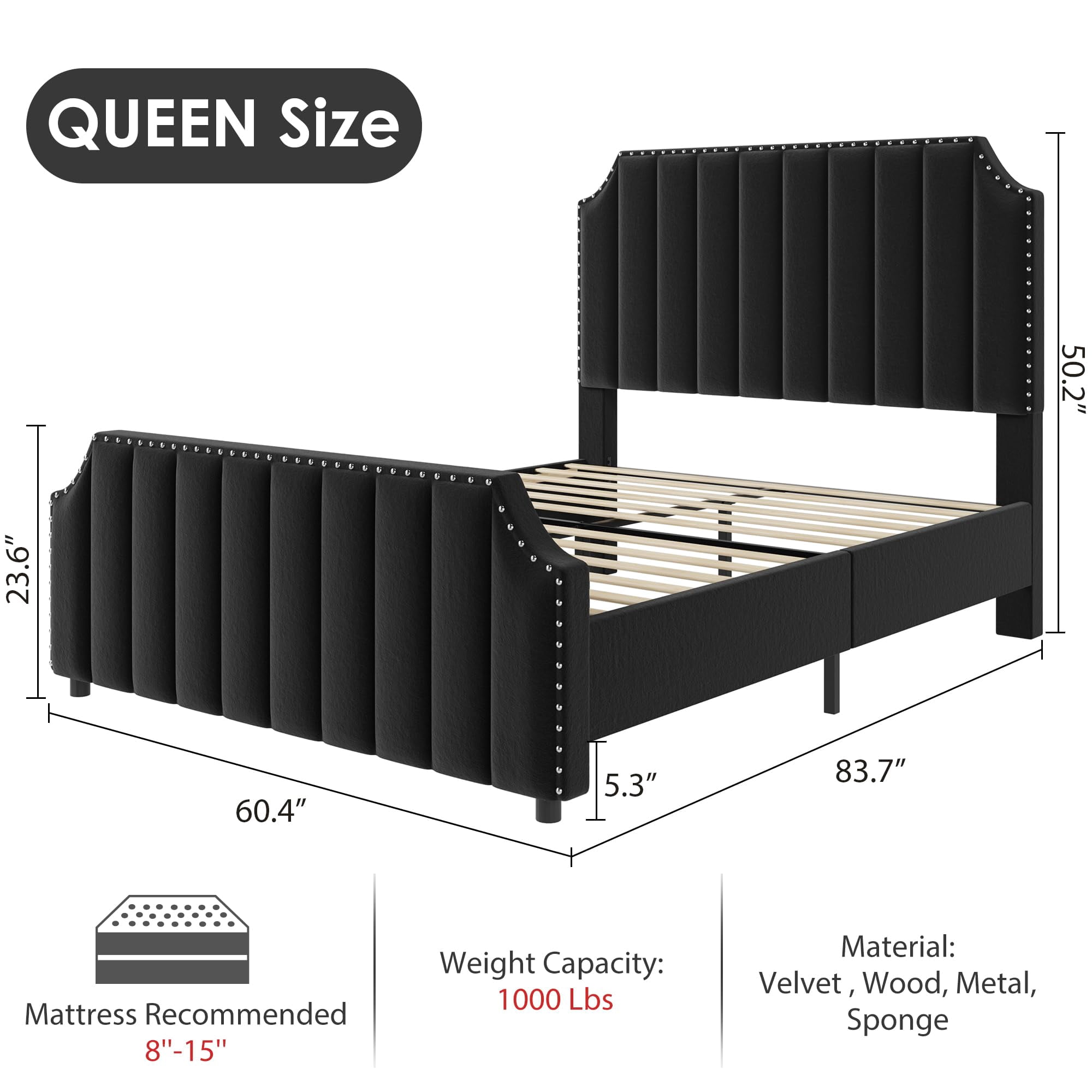 Huisuilinss Queen Bed Frame,Upholstered Platform Bed Frame,Velvet King Size Bed Frame With Nailhead Trim Headboard & Footboard,No Box Spring Needed,Noise Free,Wooden Slats