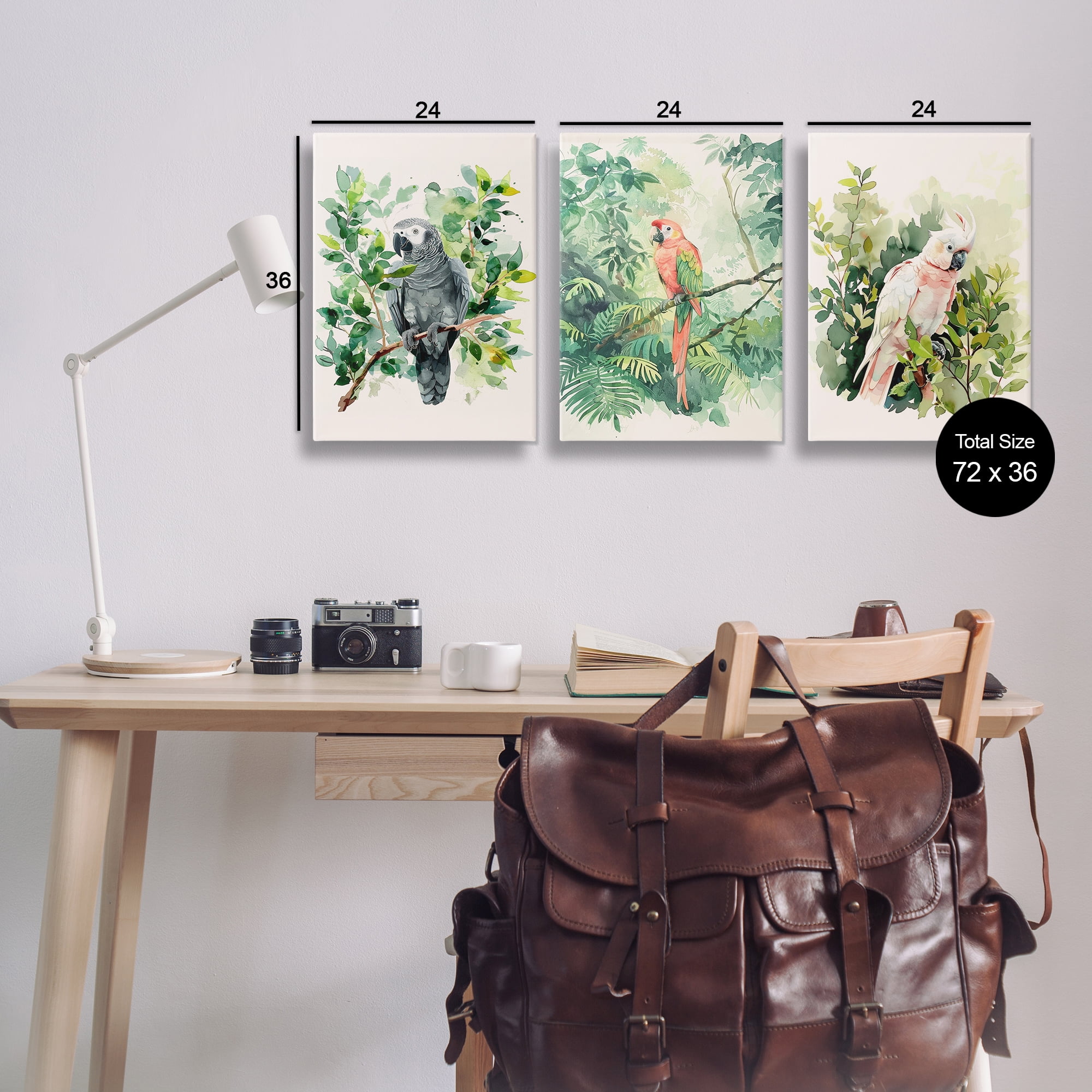 Stupell Industries Tropical Parrots in Jungle Animals Painting Wrapped Canvas Art Print Wall Art, 24 x 36, Set of 3
