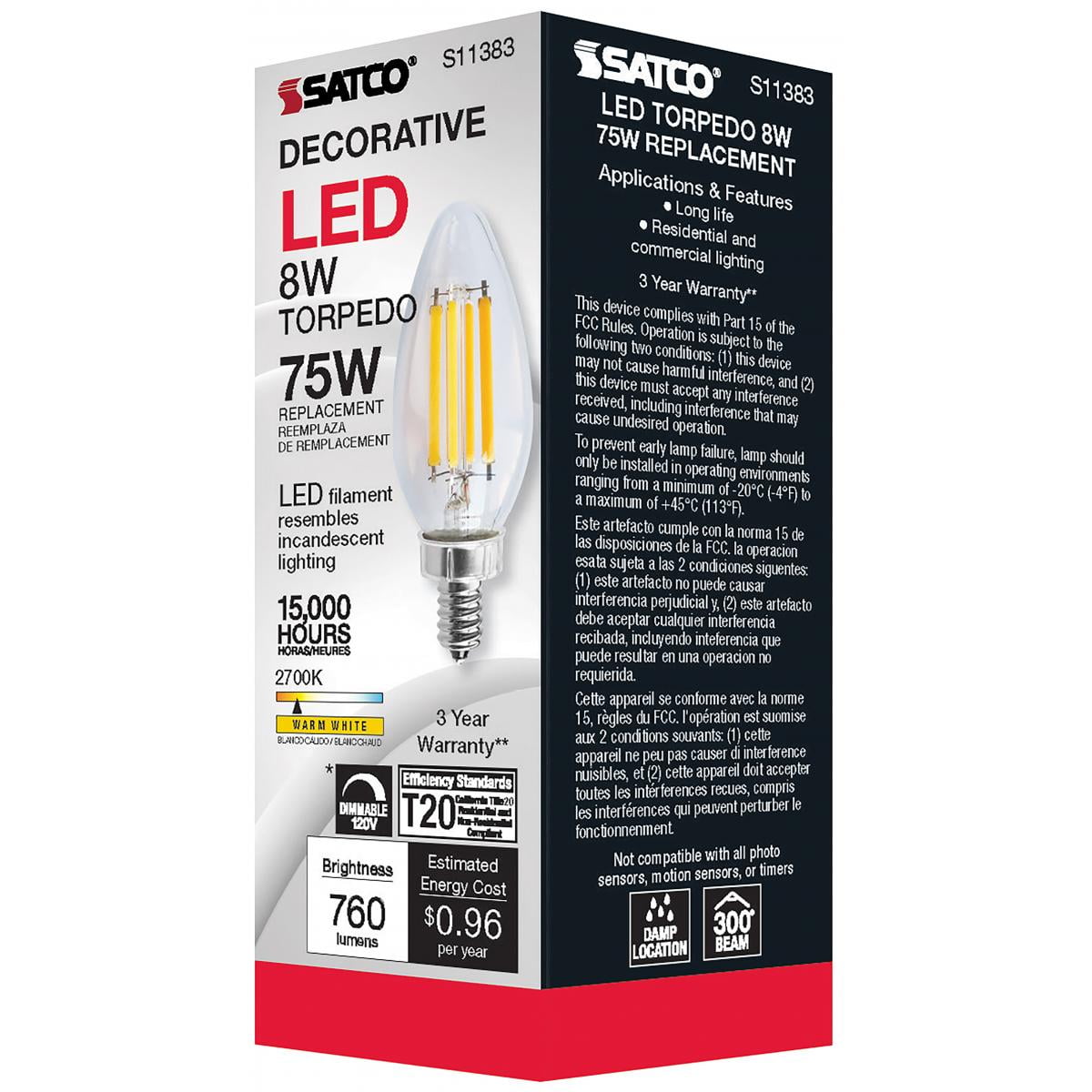 Satco S11383 C11 LED Filament Candle Light Bulbs 8W 120V 2700K Warm White Light E12 Candelabra Base Dimmable (6 Pack)