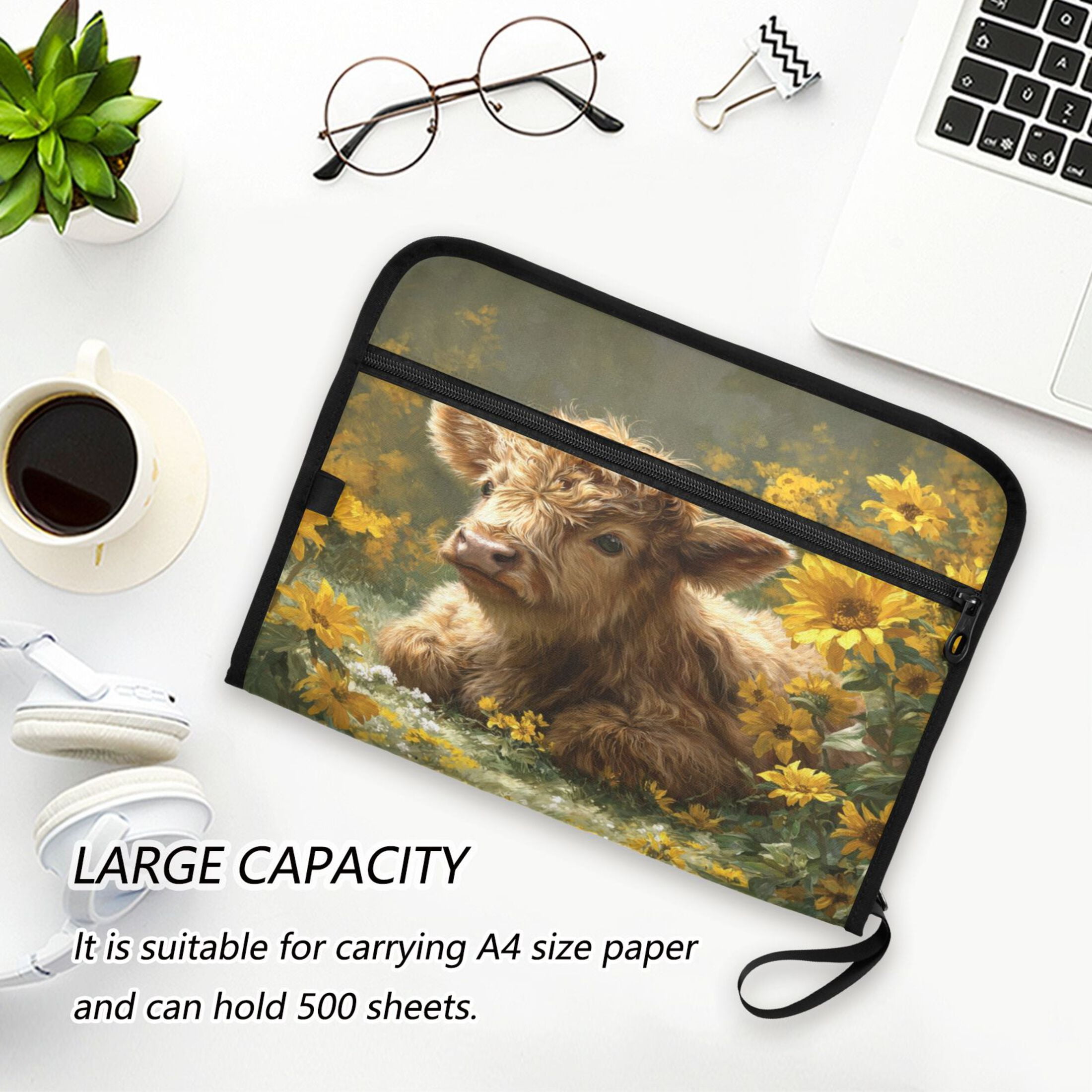 Accordion File Organizer with Zip Closure 13 Pockets Expanding File Folder Letter A4 Paper Document Organizer for Home Office Cow Lying in Sunflowers