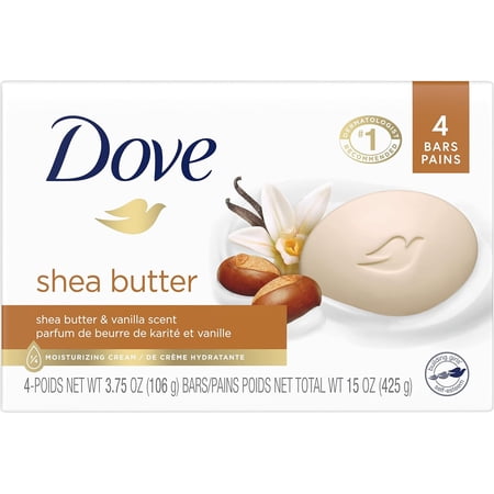 Dove Beauty Bar Gentle Skin Cleanser Moisturizing for Gentle Soft Skin Care Shea Butter More Moisturizing Than Bar Soap 3.75 oz, 4 Bars