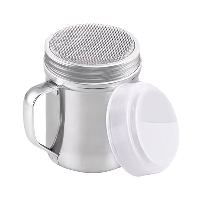 Dispensador de polvo de acero inoxidable, malla fina, azúcar y canela, con asa y tapa hermética, apto para lavavajillas, tamiz de harina para hornear, café y postres.