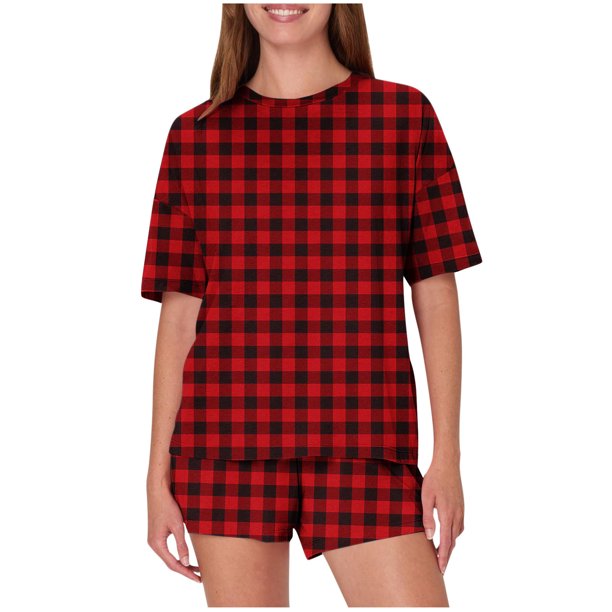 Pijama informal holgado con estampado de cuello redondo y manga corta para mujer, de poliéster