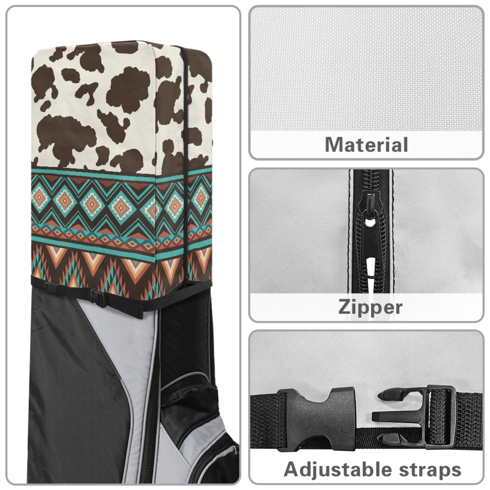 Yuyamidu Brown Cow Print Golf Bag Cover Aztec Hood Golf Bag Dust Cover for Clubs Protection with Snap Button and Zipper
