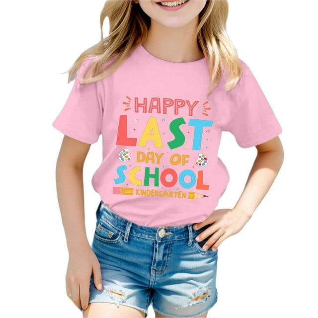 NINGMENG Hauts et T-Shirts pour Filles Enfants Été Rentrée Scolaire Imprimé Lettre Col Rond Manches Courtes T-Shirts Décontractés Amples Mode Urbaine, Rose, 8-9 Ans