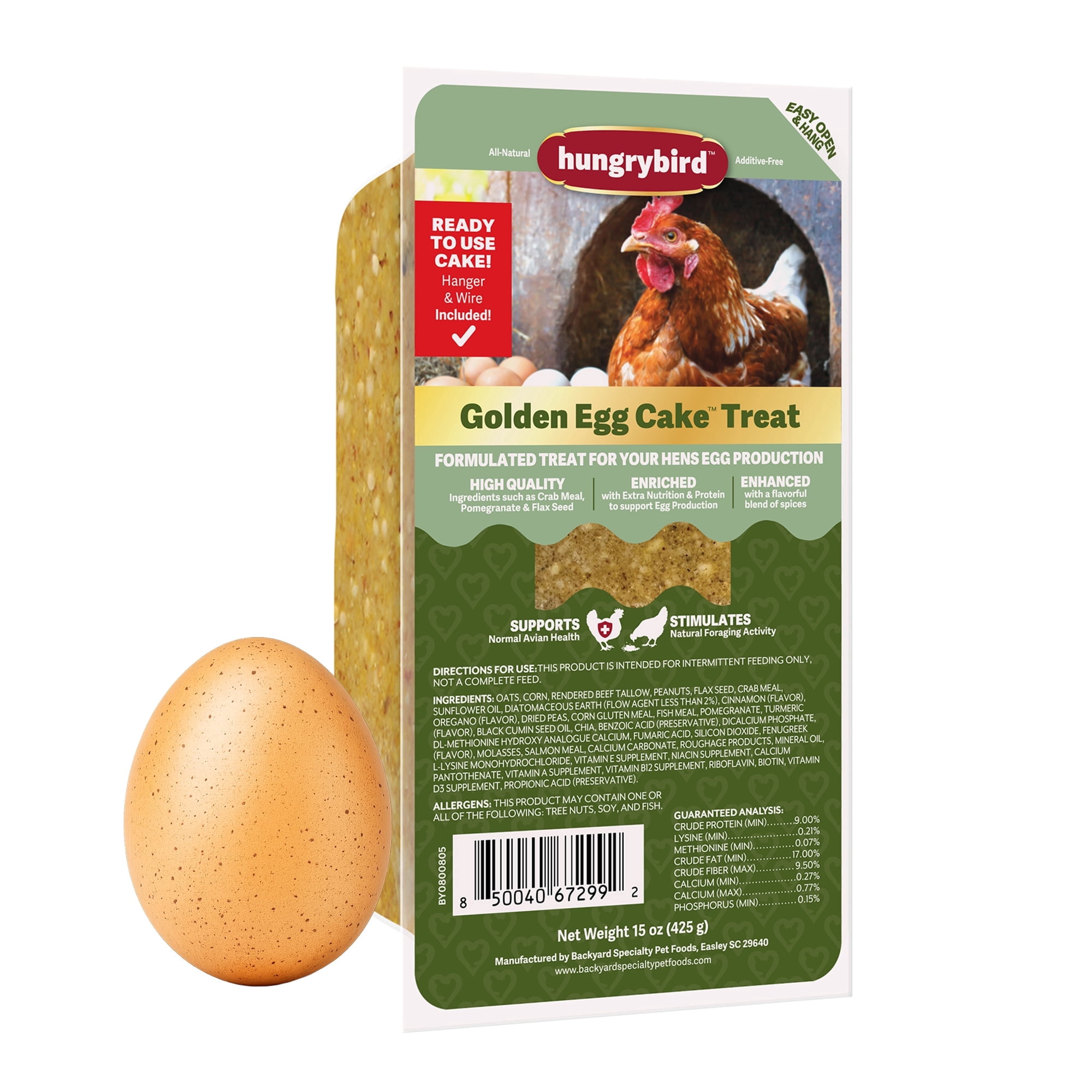 Hungrybird Golden Egg Suet Cake Treat, 15oz – All-Natural Poultry Snack with Included Wire Platform Hanger for Backyard Chickens