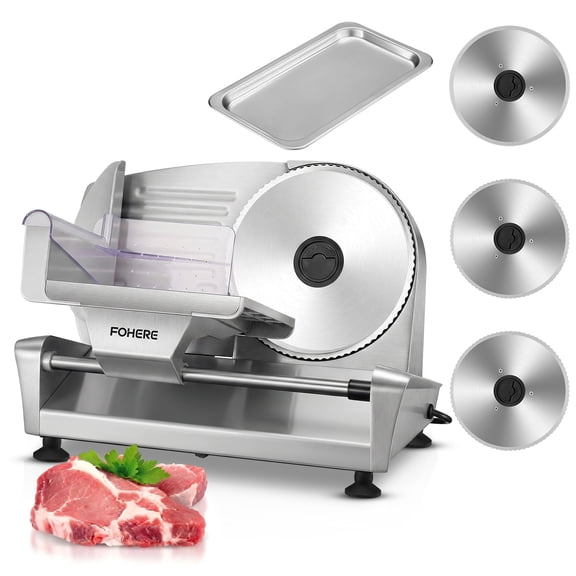 FOHERE Meat Slicer, 250W Deli & Food Slicer with Three 7. 5inch Stainless Steel Blades and Food Tray, for Bread Fruit Vegetable ,Silver