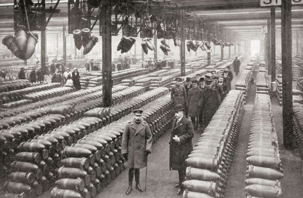 King George V and Viscount Chetwynd visiting the artillery shell factory at Chilwell on the 15th December 1916 The factory had only been opened one year and had sent 2468041 shells to allied troops in