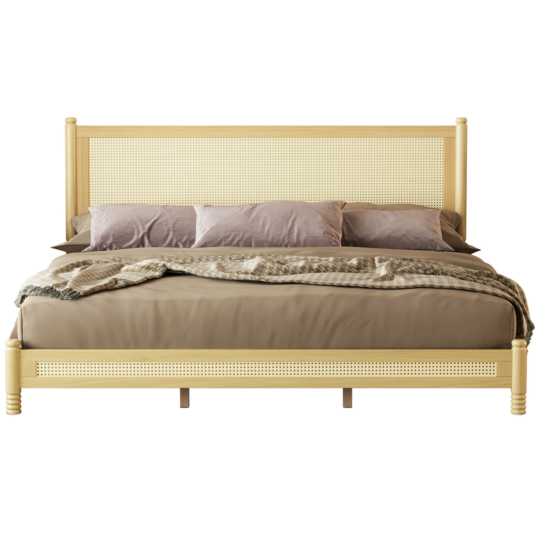 GDF Studio Annes King Size Boho Rattan Platform Bed Frame with Turned Legs, Woven Cane Pine Wood Bed Frame, Natural