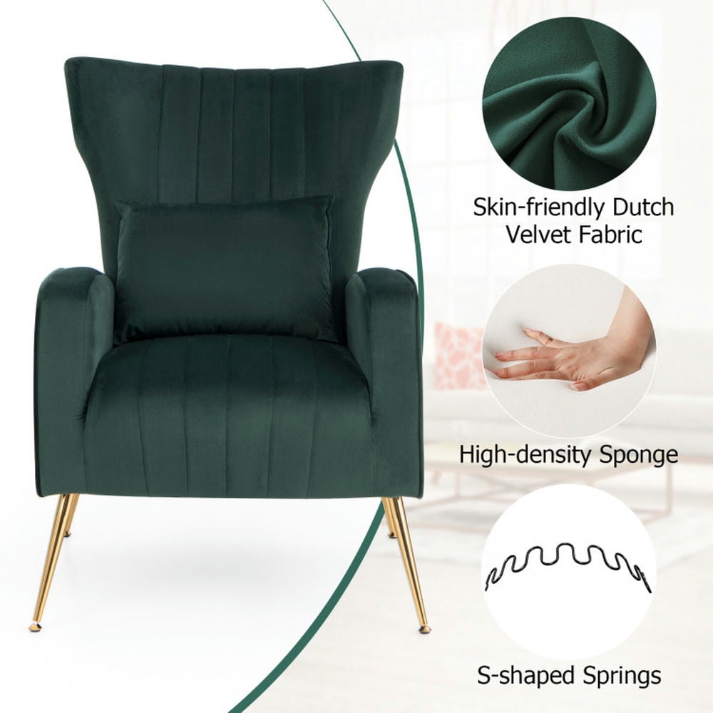 Finihen Accent Chair, Wingback Accent Armchair, Modern Accent Chair, Velvet Upholstered Wingback Chair with Lumbar Pillow and Golden Metal Legs, for Living Room, Bedroom, Turquoise Finihen Accent Chair, Wingback Accent Armchair, Modern Accent Chair, Velvet Upholstered Wingback Chair with Lumbar Pillow and Golden Metal Legs, for Living Room, Bedroom, Turquoise