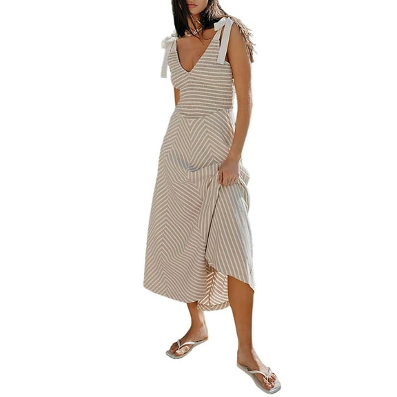 Women Casual Summer Smocked V Neck Beach Striped Sleeveless Sundress Flowy Long Dress with Pockets Light Gray S