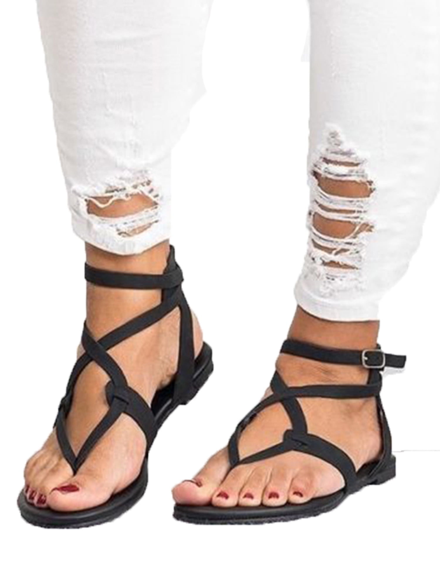 Womens Flats Sandal Summer,Ladies Open Toe Strappy Cross Straps Elastic Comfort Fashion Beach Shoes 
