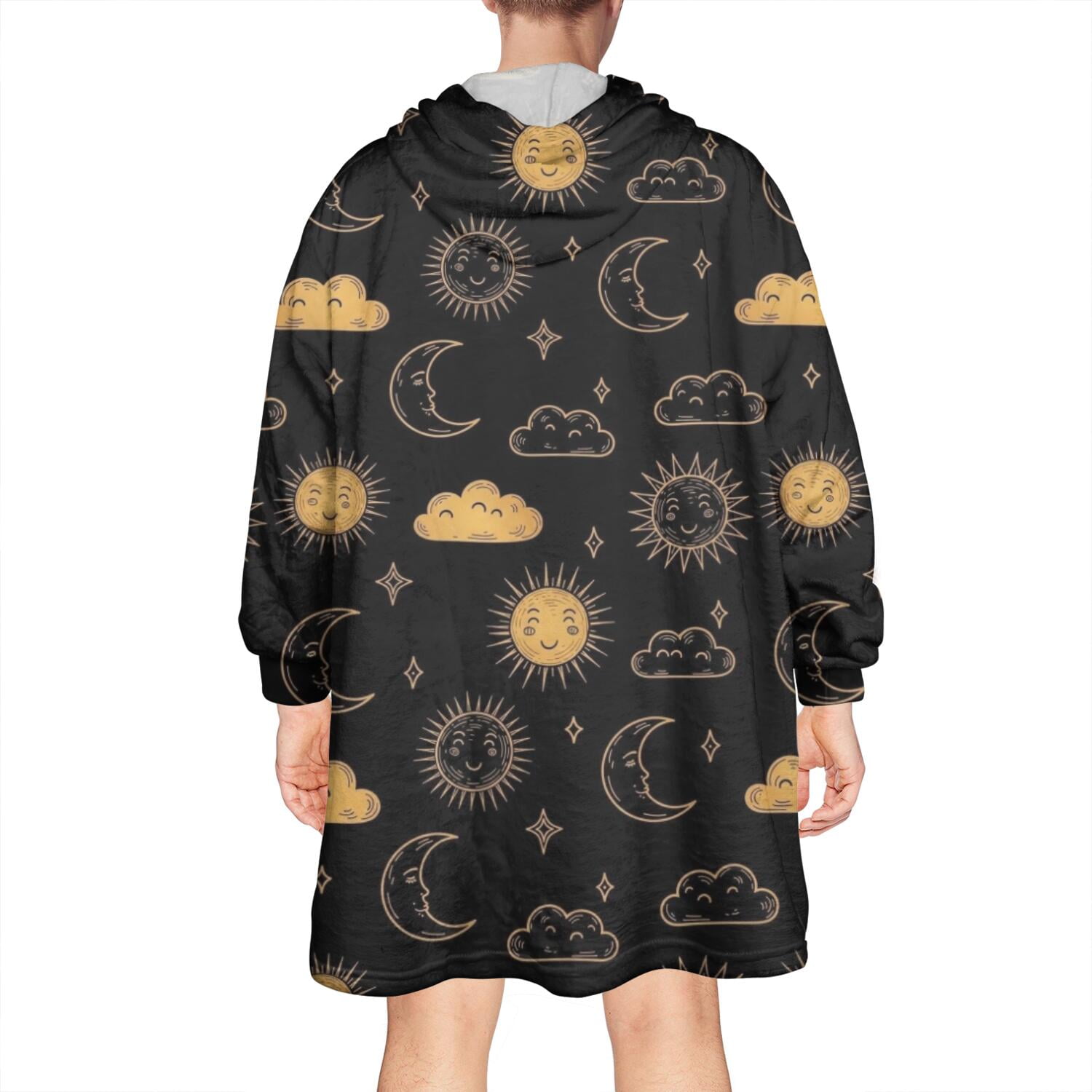 Wearable Oversized Blanket,Black Sun Moon Cloud Pattern Wearable Blanket Hoodie for Adults,Cozy Hooded Blankets with Super Pockets,Super Warm Fuzzy Pullover for Women & Men