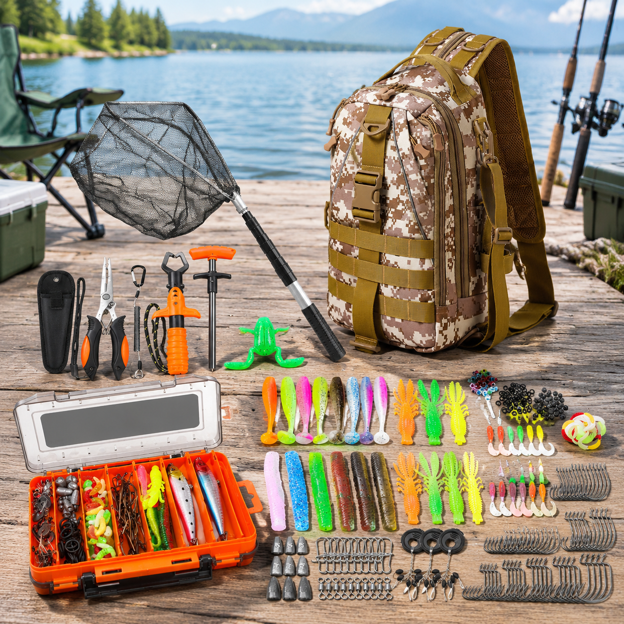 Desert Camouflage 256-Piece Fishing Tackle Kit with Backpack and Storage Box