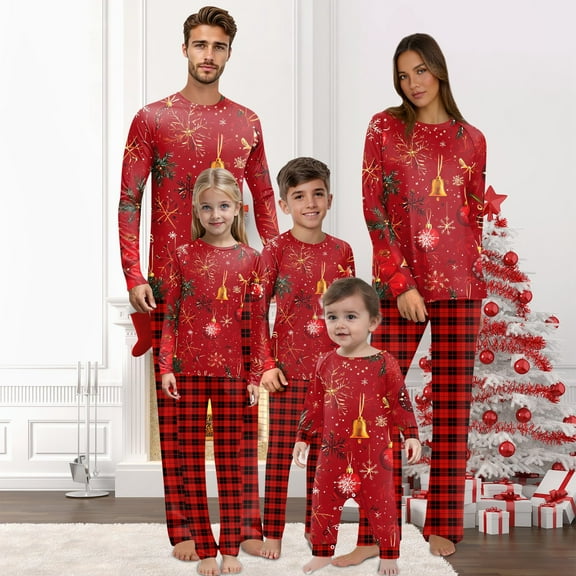 Onlypjs Matching Family Christmas Pajamas Set for Men, Women and Couples – Red & Gold Bell Holiday Sleepwear