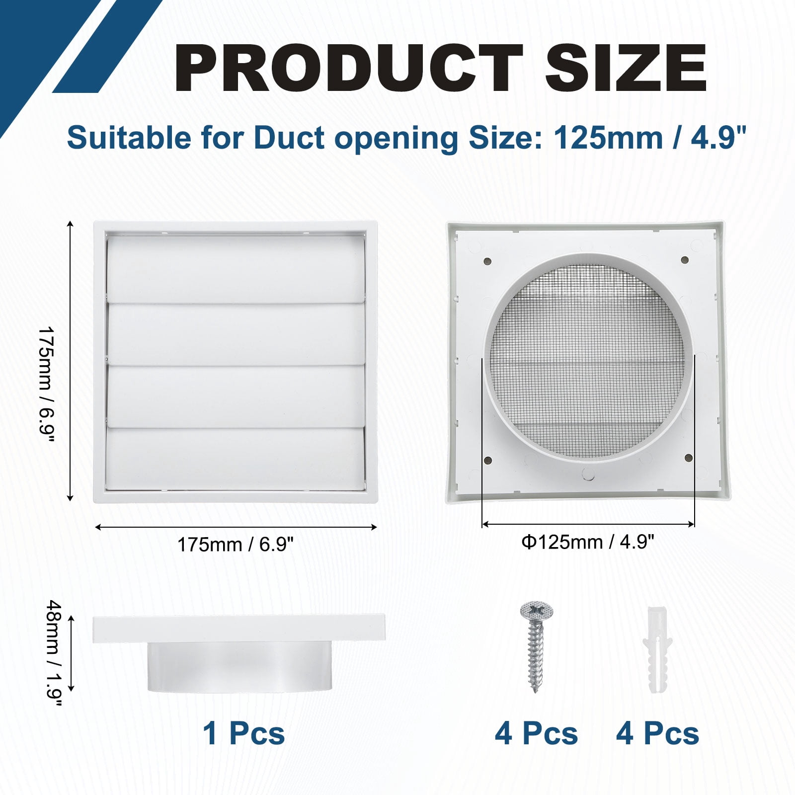 Uxcell 1Set Louvered Exhaust Vent Cover (5" Opening, 6.9"L x 6.9"W) - Air Wall Vent with Dustproof Mesh, Plastic Exhaust Ventilation Grille for Kitchen/Bathroom/Garage, White