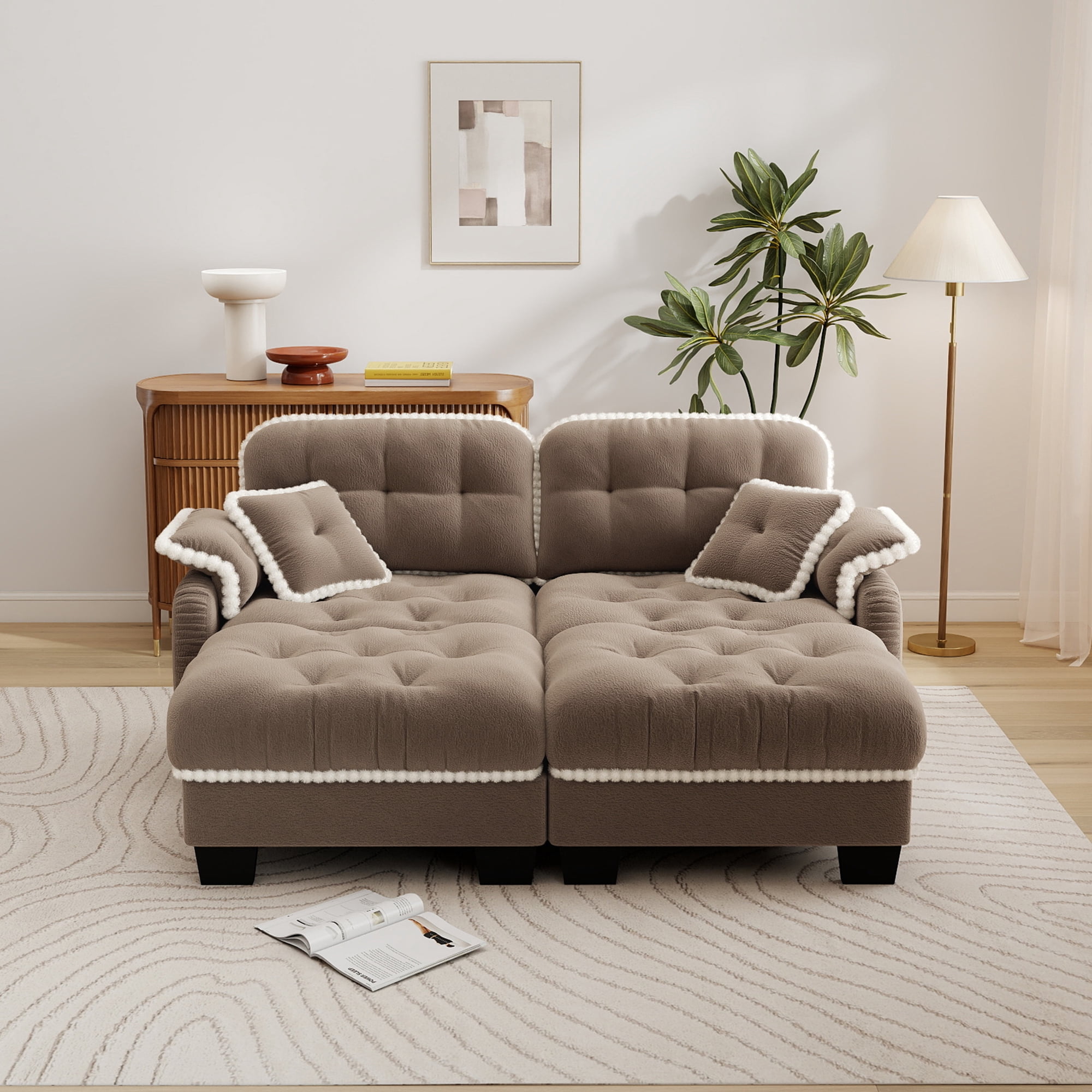 Aenkyo 70" Chenille Modular Sectional Sofa with 2 Ottomans, 23.8" Deep Seat, Camel