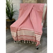 Throw Blanket - Cancun Classic - Red - Stripes - Country / Cottage - 70"x53" +2" Fringes - 100% Cotton - Lightweight - Imported