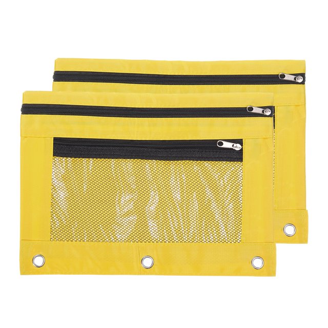 Unique Bargains Oxford Cloth Mesh Zipper Binder Pencil Case, Yellow, 2 Pack