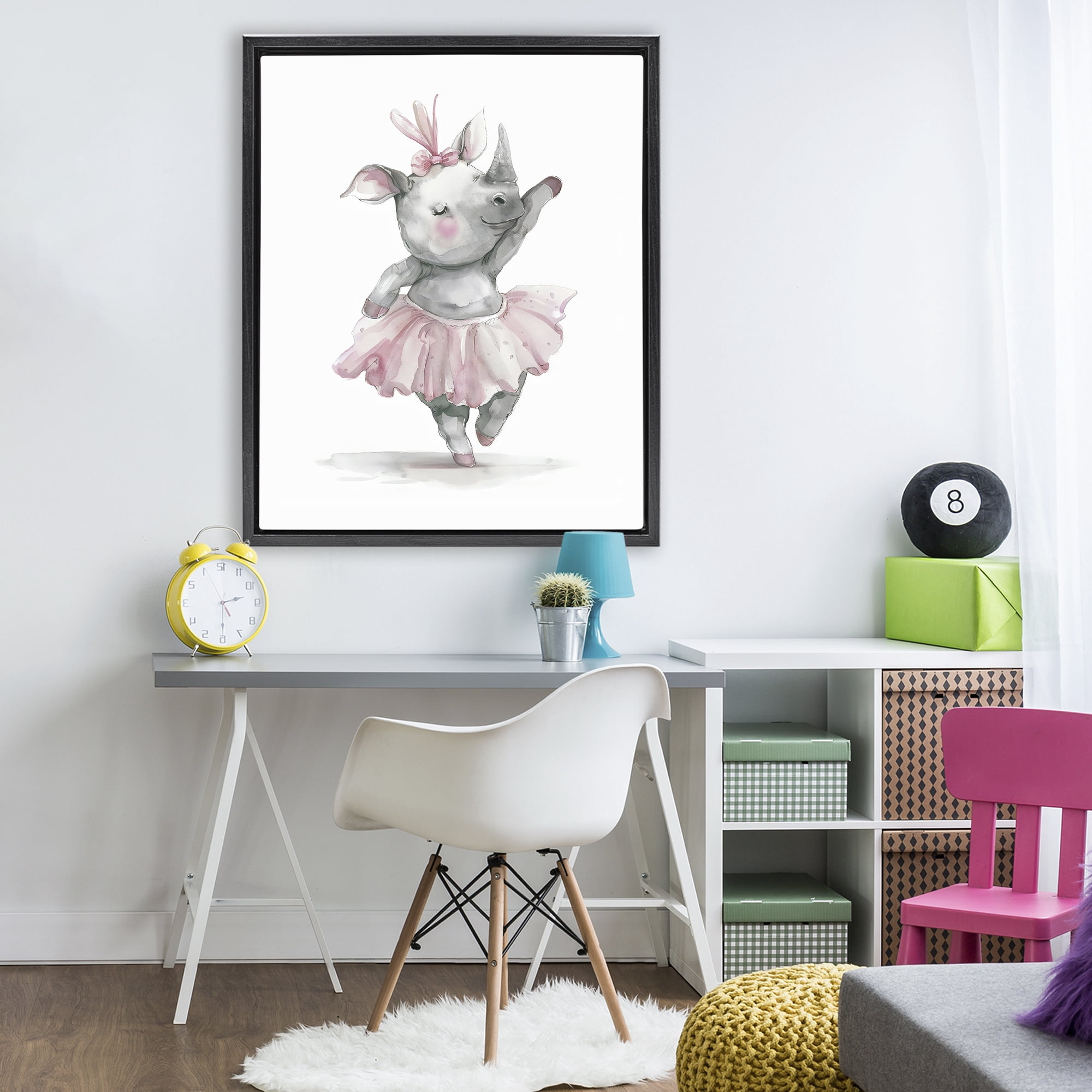 Stupell Industries Ballerina Rhino in Pink Tutu Black Framed Floater Canvas Wall Art, design by LSR Design Studio