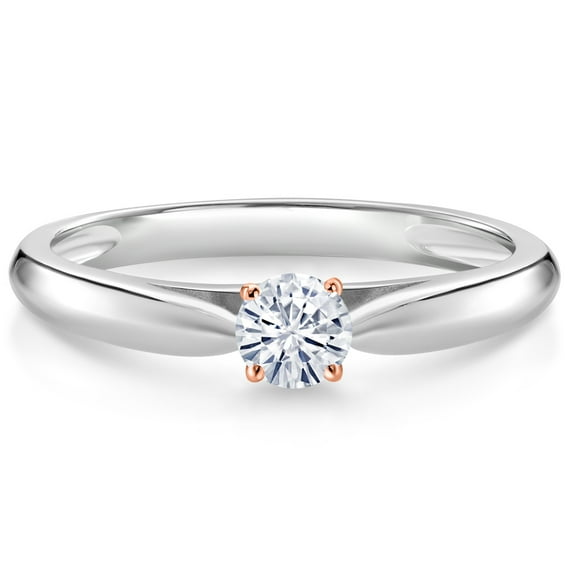 Gem Stone King 925 Silver and 10K Rose Gold White Moissanite Solitaire Engagement Ring for Women (0.16 Cttw, Gemstone, Round 3.5MM, Size 5)
