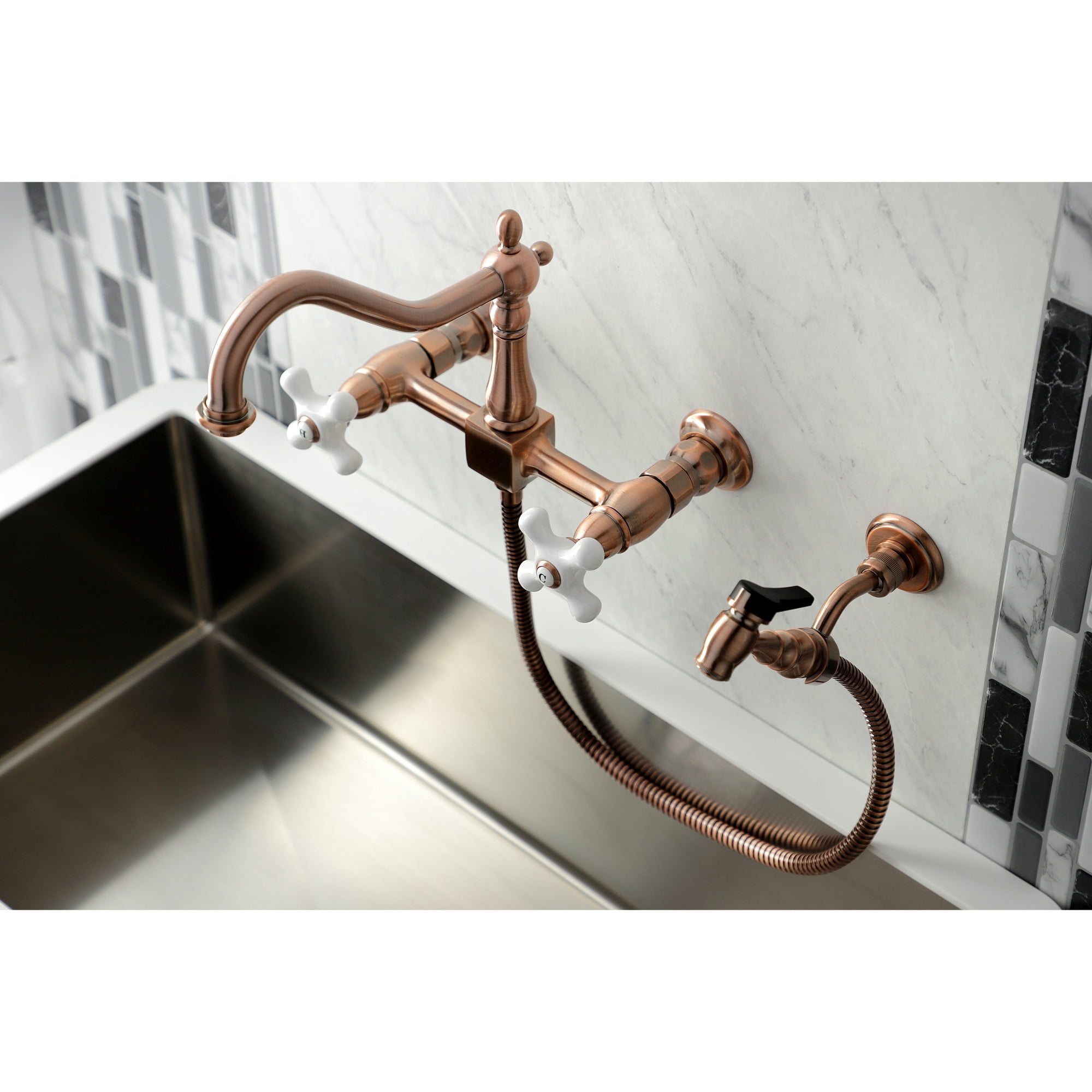 Kingston Brass KS124PXBSAC Heritage Double-Handle Wall-Mount Bridge Kitchen Faucet with Brass Sprayer, Antique Copper