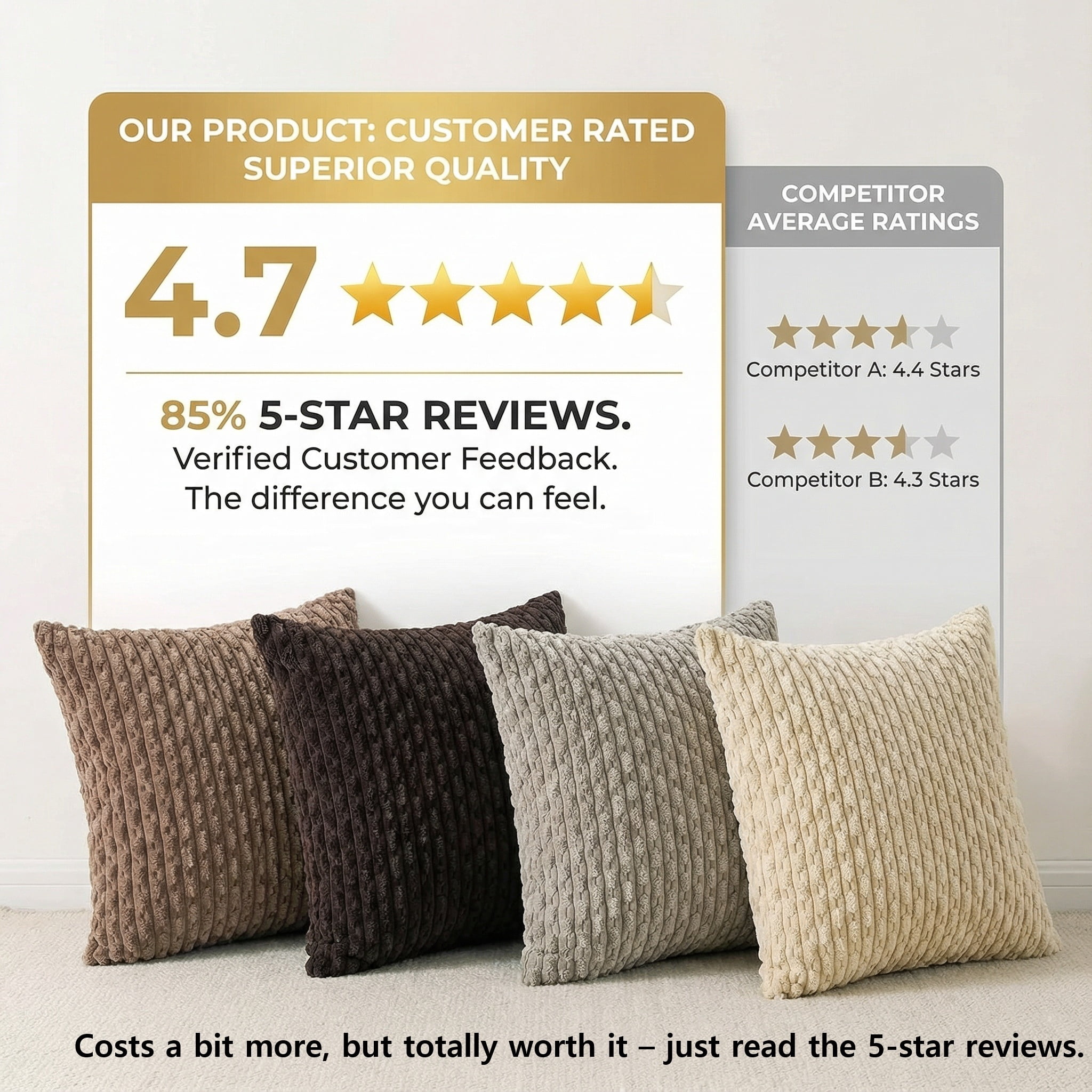 HAPPINESS 4 Pack Decorative Throw Pillow Covers, 26x26 Inch Soft Plush Striped Corduroy Couch Pillow Covers, Beige Brown Coffee