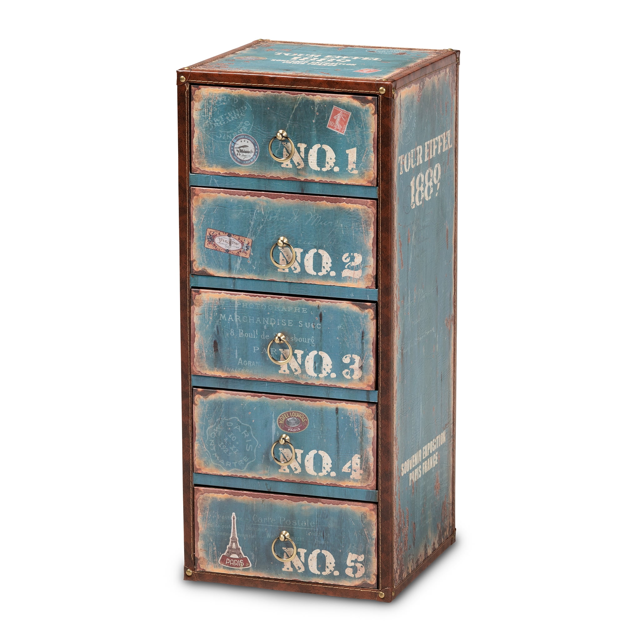 Baxton Studio Alba Vintage Rustic French Inspired Blue Finished Wood 5-Drawer Accent Storage Chest