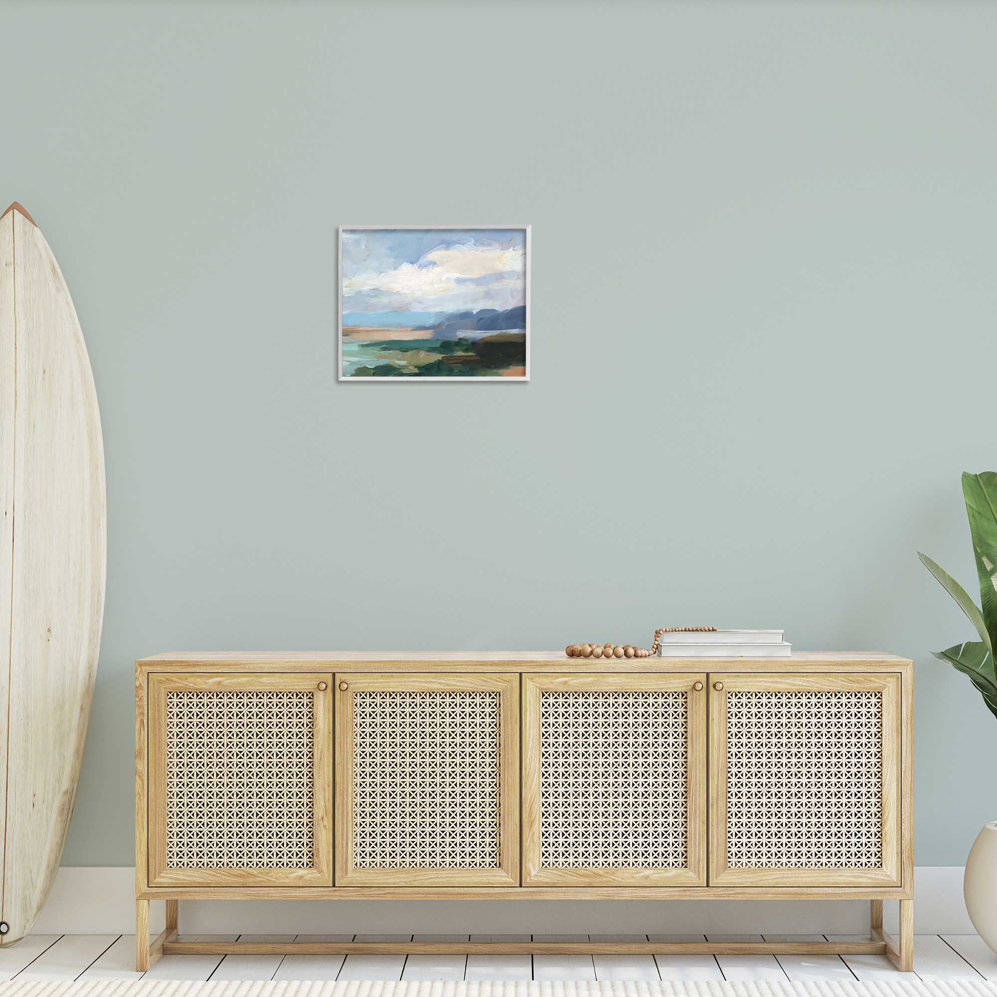 Stupell Industries Traditional Cloudy Beach Landscape Painting White Framed Art Print Wall Art, 20 x 16