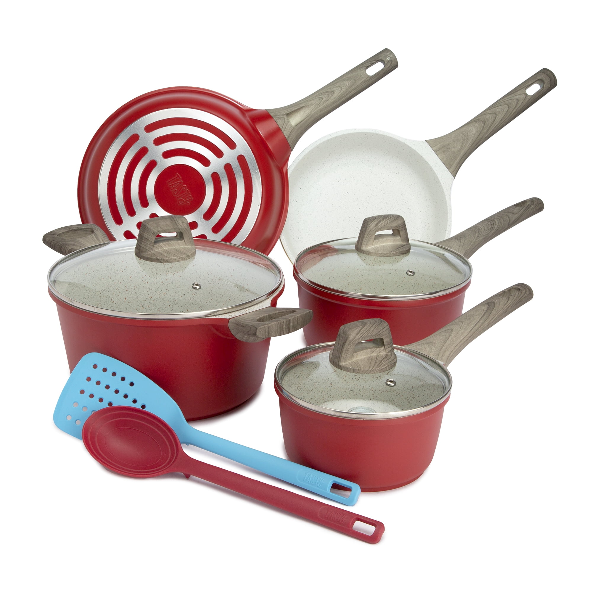 Tasty Cast Aluminum Cookware Set with Smart Heat Base, Dishwasher Safe, Red, 10 Piece