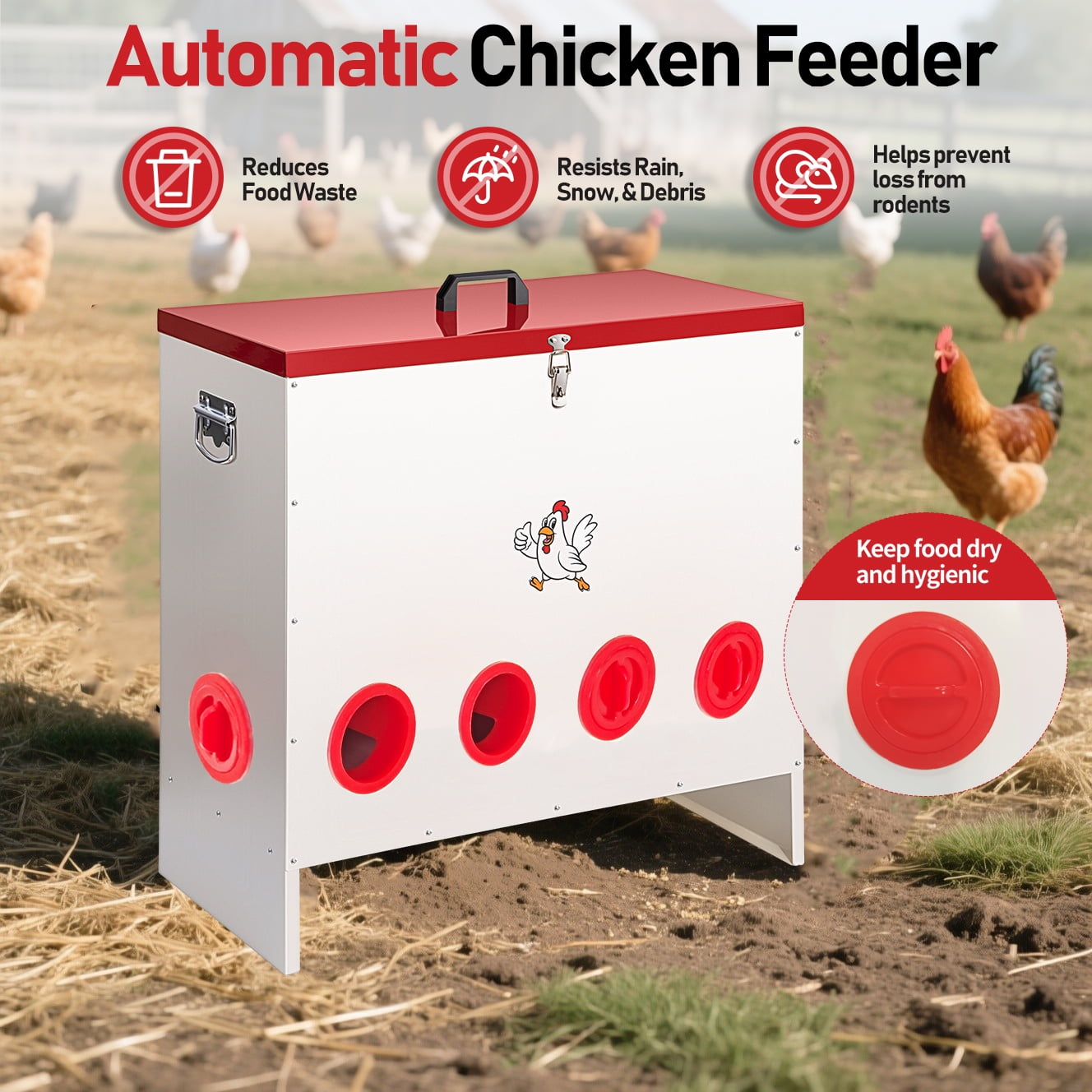 SHZOND Automatic Chicken Feeder 120 LBS, 10 Port Metal Poultry Feeder,\Weatherproof Lockable Design with 10 Feeding Ports for Automatic Poultry Feeding & Cost Saving