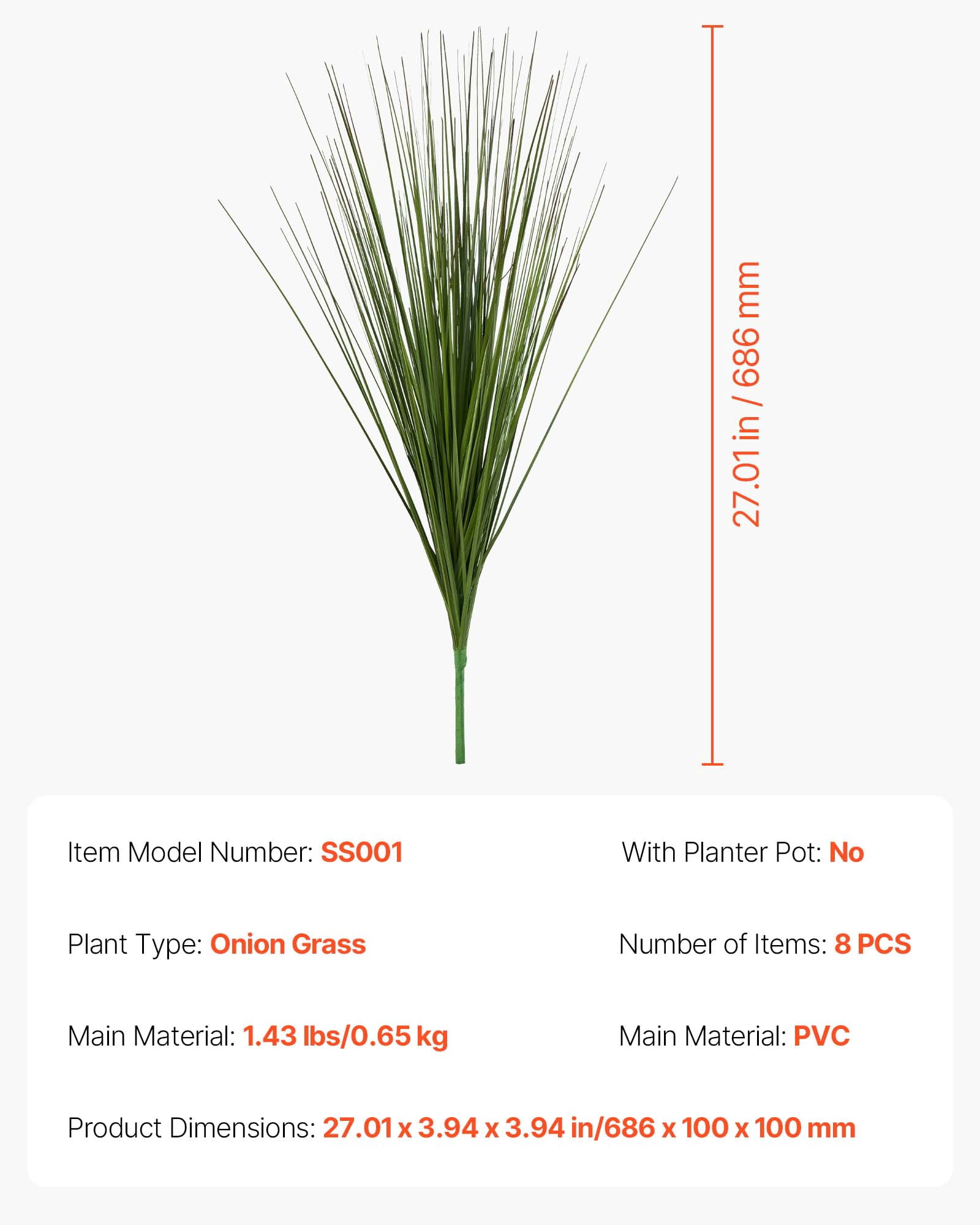 VEVOR Artificial Grass Plant, 27 inch Faux Onion Grass Fake Greenery Shrubs Plant, Premium PVC for Indoor Outdoor House Home Garden Office Room Décor, Housewarming, 8 Pack Green