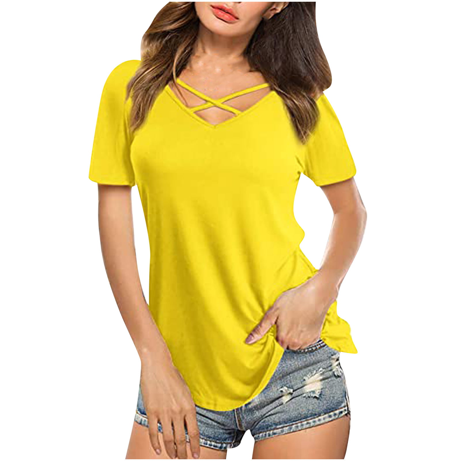 Yellow Summer T Shirt Women Loose Short Sleeve Solid T-Shirt Tops 
