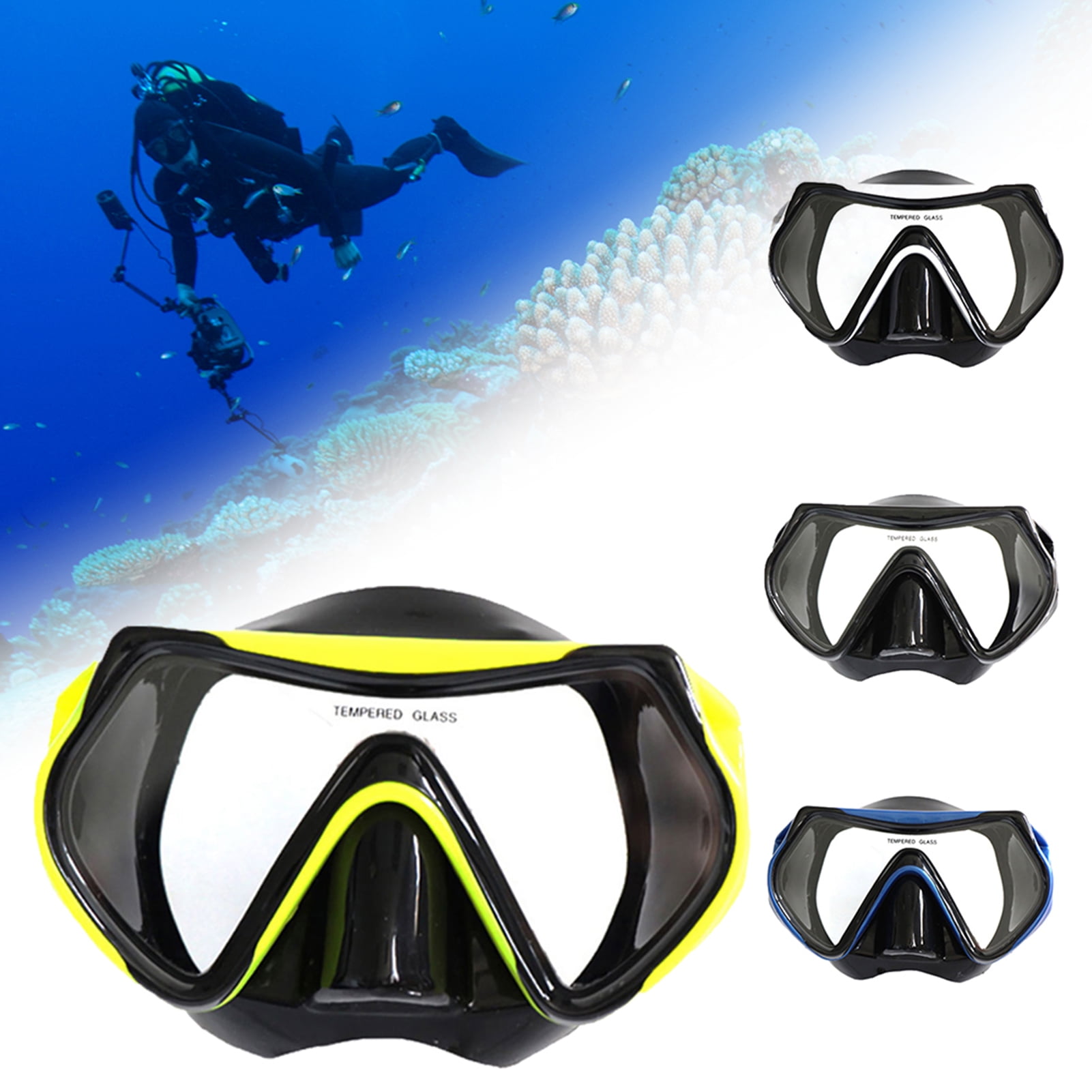 Adult Silicone Scuba Swimming Snorkeling Diving Mask Tempered Lens Glass Goggles 