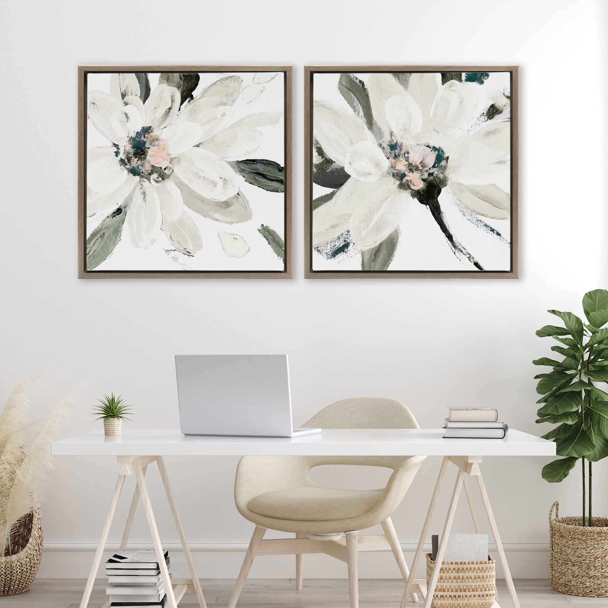 Stupell Industries Naturally Blooming White Flowers 2 Piece Brown Framed Floater Canvas Set, design by Lanie Loreth