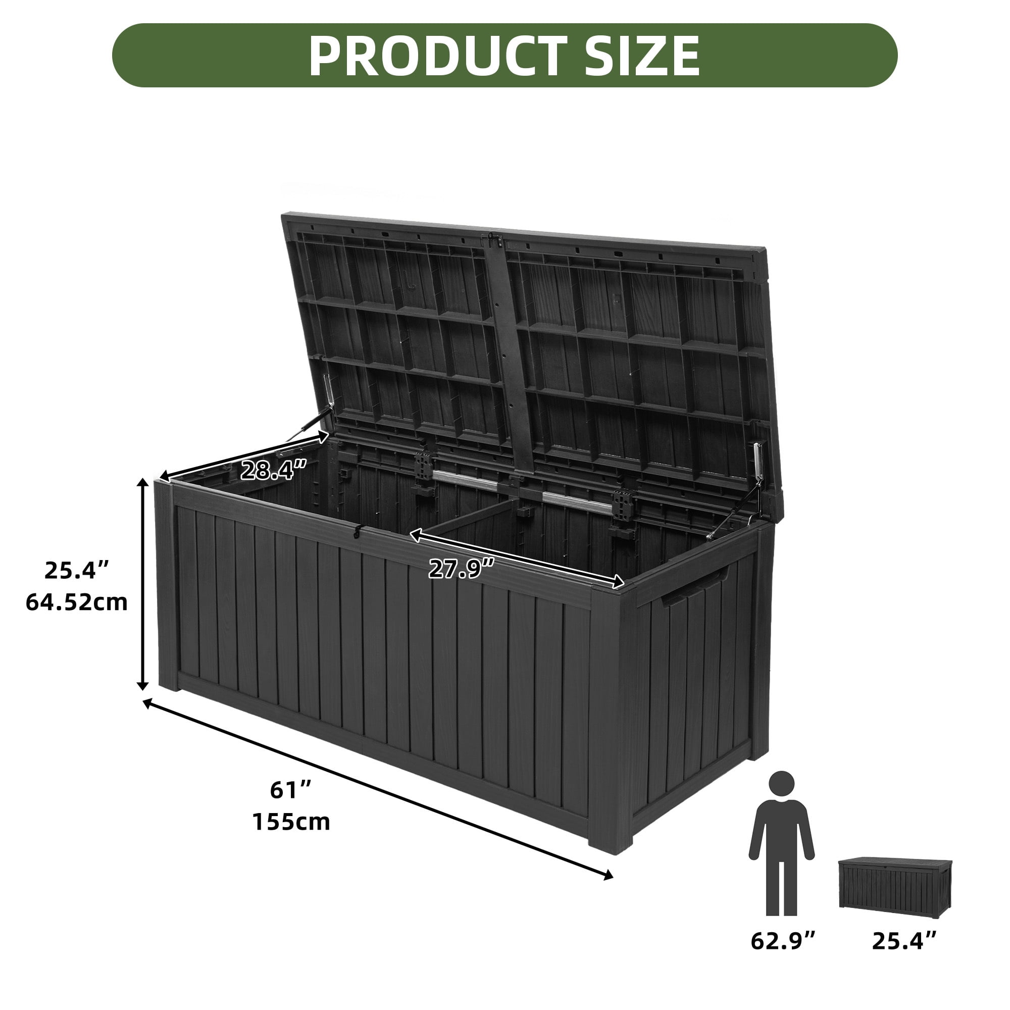 Uforic 150 Gallon Large Outdoor Deck Box, Waterproof Resin Storage with Divider, Lockable, for Patio Cushions Garden Tools Pool Supplies, Dark Black