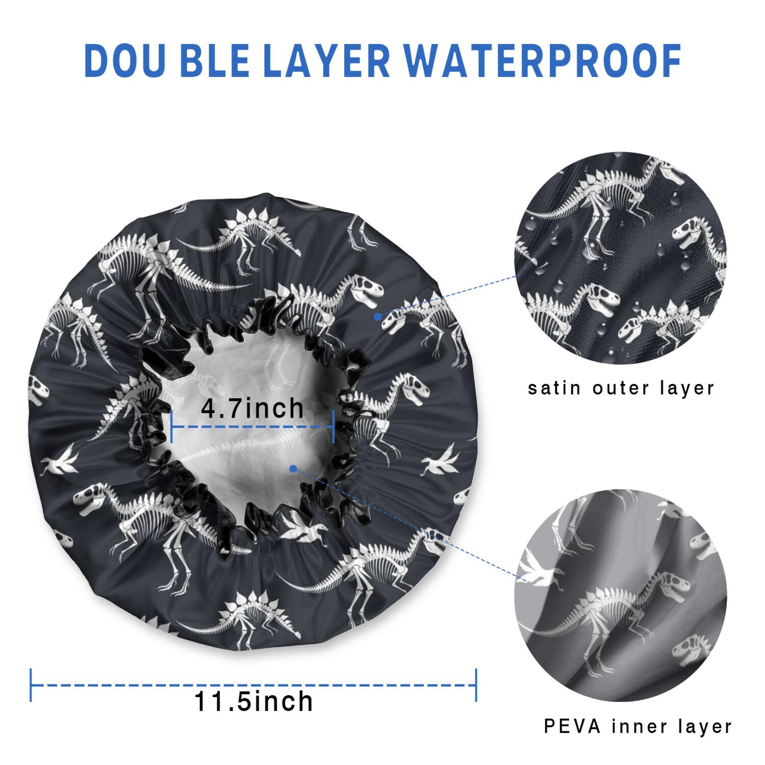 Shower Caps,Black Cartoon Dinosaurs Skeletons Pattern Waterproof Shower Cap for Women 4 Pieces,Double Reusable Hair Cover for Shower PEVA Elastic Stretch Hem