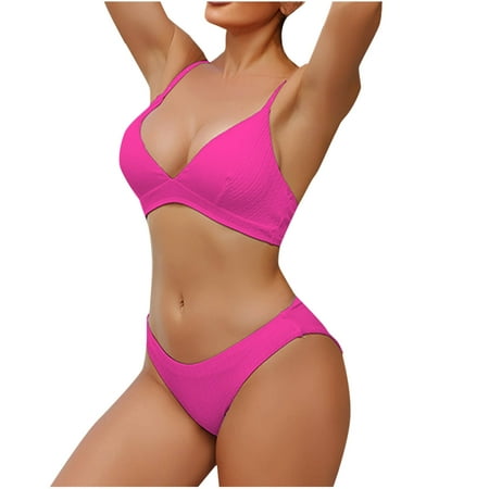 Arnsht Bikini Set for Women Two Piece Swimsuits Solid V Neck Low Rise Crisscross Back Self Tie Spaghetti Straps Hot Pink L