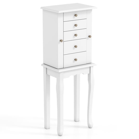 Furnibear Standing Jewelry Cabinet Armoire with Mirror 5 Drawers and 8 Necklace Hooks for the Bedroom and Dressing Room, White