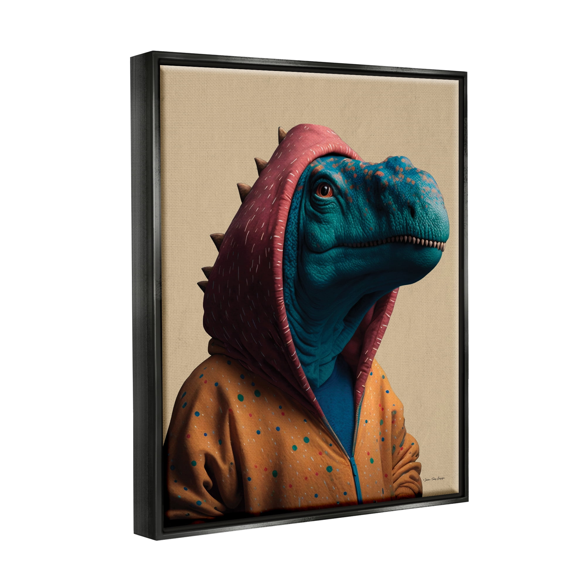 Stupell Industries Fun T-Rex in Hoodie Animals & Insects Painting Black Floater Framed Canvas Art Print Wall Art, 25 x 31